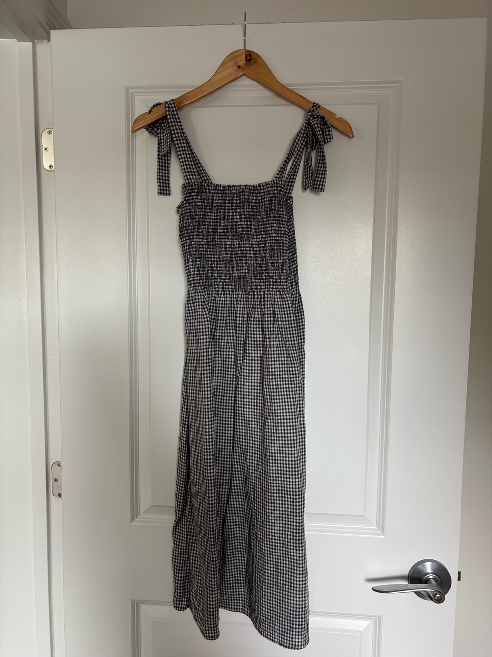Aritzia, Navy Blue and White Gingham Smocked Maxi Dress with Tie Straps